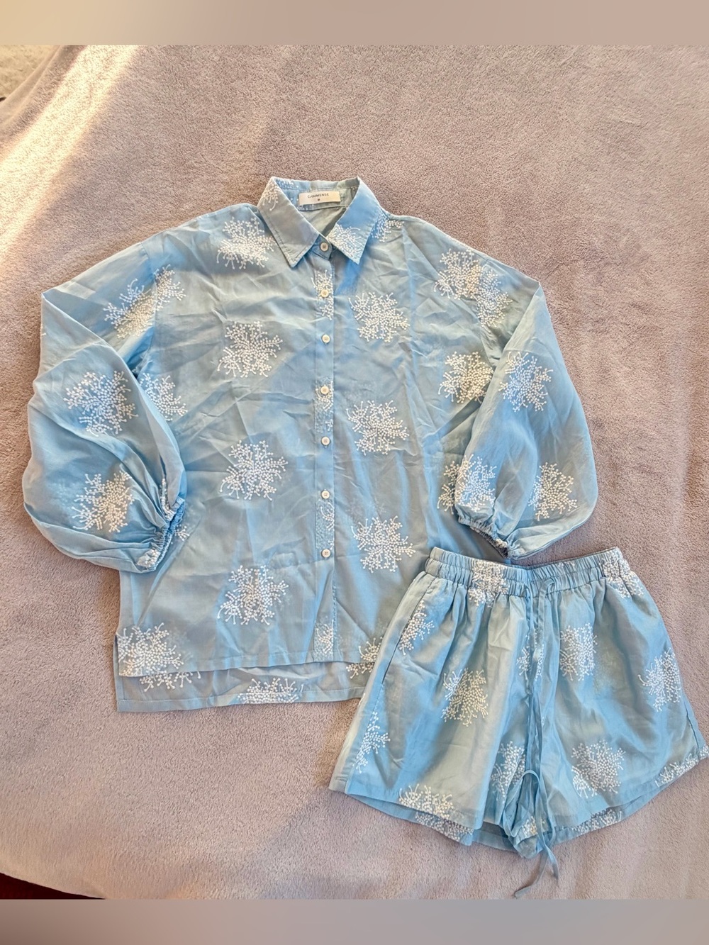 Commense Light Blue Blouse Top and Shorts Set with White Floral Embroidery M